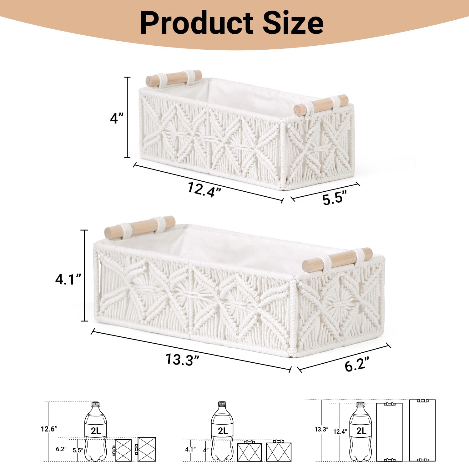 Nonam 2pc Macrame Storage Baskets, Boho Woven Boxes for Home Org, White