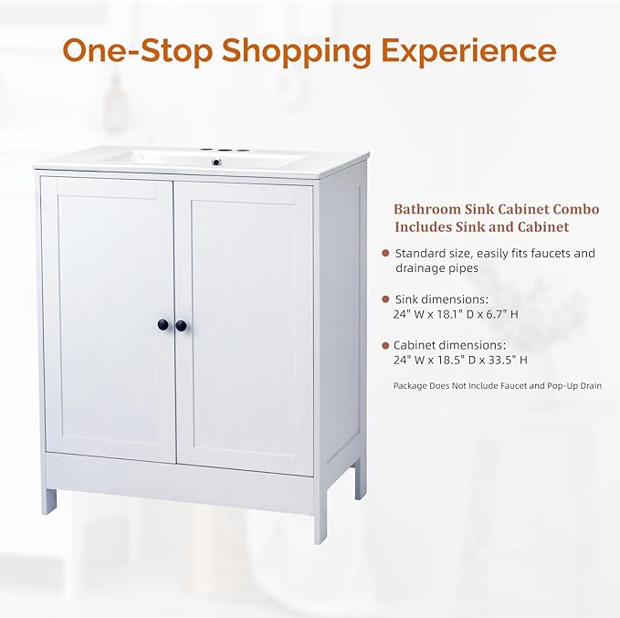 VINGLI 30 Inch White Bathroom Vanity with Sink, Modern Freestanding Sink Vanity with Soft-Close Doors and Storage Shelves, White Bathroom Cabinet with Single Hole Ceramic Basin for Small Bathrooms