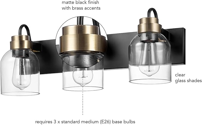 Globe Electric 22" 3-Light Matte Black Vanity Light with Matte Brass Accents and Glass Shades