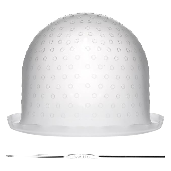 MBAIYO Punched Silicone Highlight Hair Cap with Needle, Professional Reusable Highlighting Poked Hole Cap for Color Hair Salon Hairdressing Dyeing Staining Tools for Women and Men (White)