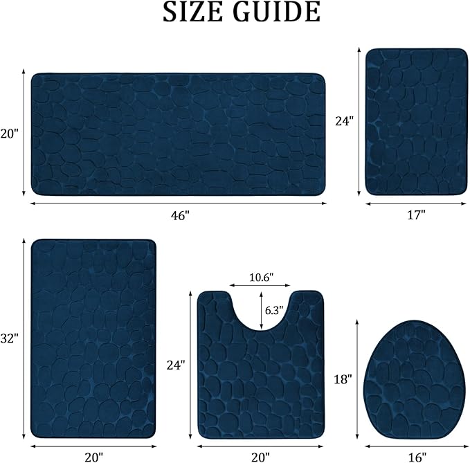 YIHOUSE Bathroom Rugs Mat Set, Memory Foam Bath Mat 5 Piece Navy Blue