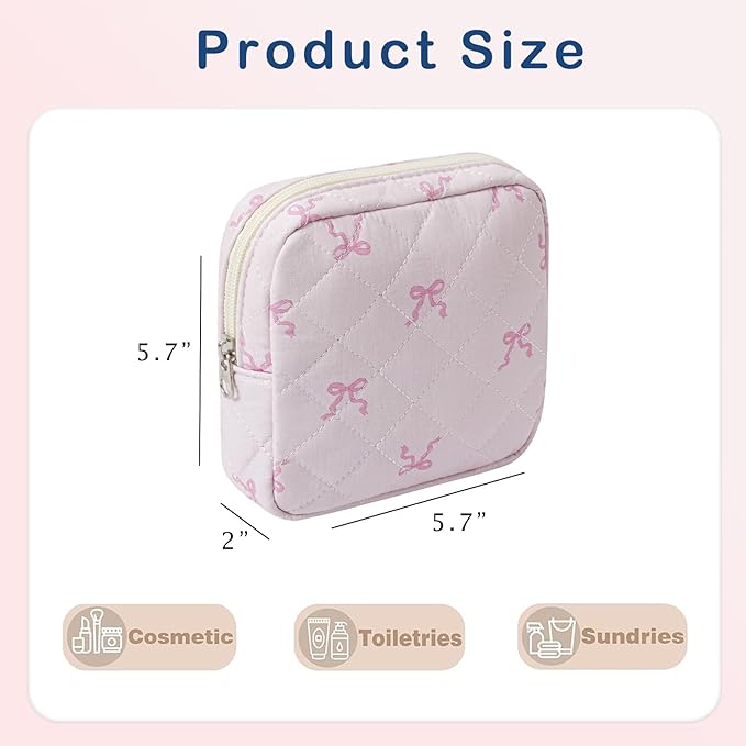 RSRSLEII Small Quilted Cosmetic Pouch for Purse, Mini Cotton Makeup Bag with Compartments, Cute Zipper Lipstick Holder for Women (05Small Pink bow)