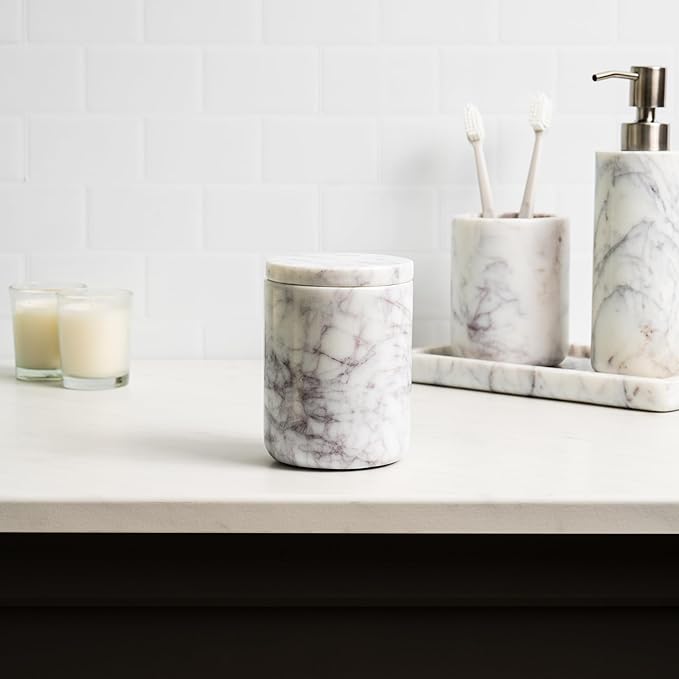 Cork & Mill Marble Bathroom Container with Lid - Holder for Qtip Swabs, Cotton Balls, Pads, Rounds, or Floss Picks - White Apothecary Jar for Q Tips - Canister for Organizing Bathroom Counter Vanity