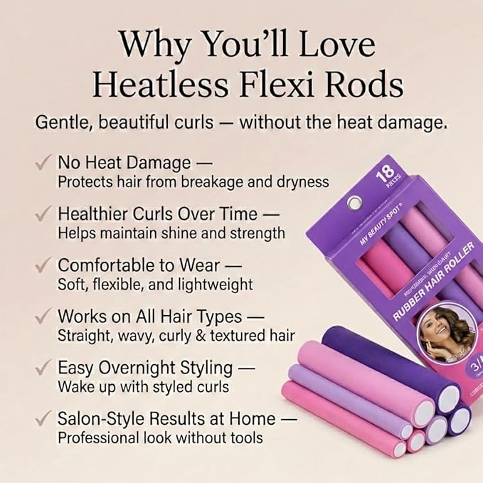 My Beauty Spot Flexi Rods Foam Hair Rollers -1/2" 5/8" 3/4" 1" Diameter- Professional Salon Quality 18 Pcs Rubber Hair Rollers for Long, Medium, and Short Hair, Hair Curlers to Sleep in for Women