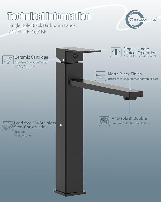 Bathroom Faucets, Matte Black Bathroom Faucet with Pop-up Drain and 2 Supply Hoses, Single Hole High Barrel Vanity Faucet for Vessel Sink, Single Handle Stainless Steel RV Faucet