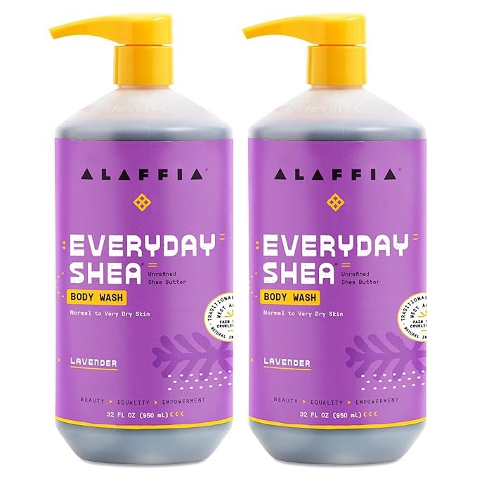 Alaffia Body Wash, Everyday Shea, Lavender 2-Pack – Gentle Skin Cleanser, Shower Gel for Normal to Very Dry Skin, 32 Oz Ea