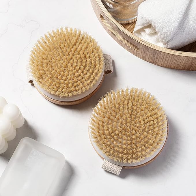 HiKin Round Wooden Natural Bristles Dry Bath Body Brush, Dia4.3” Handheld Shower Brush Back Scrubber for Exfoliating, Cellulite and Detox, etc.