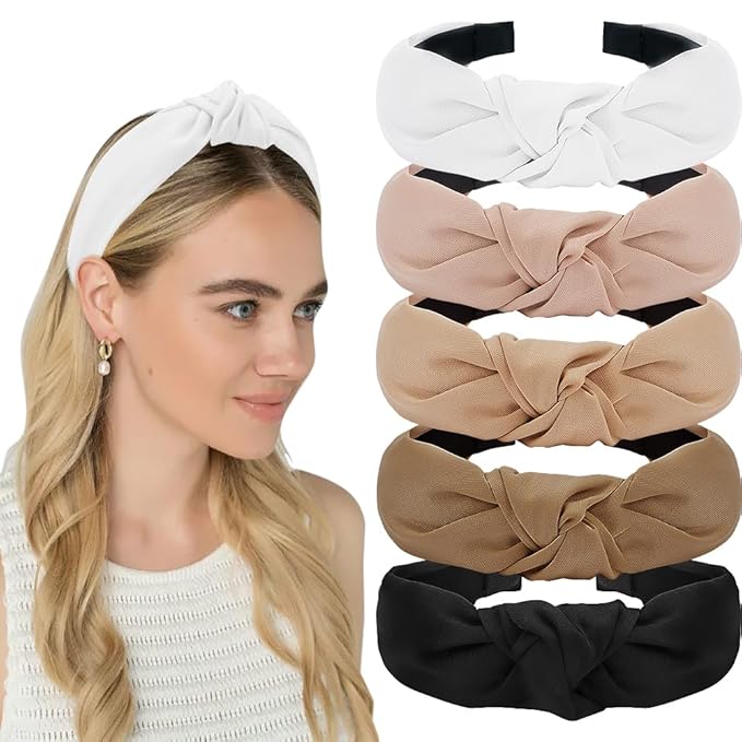 AHONEY 5 Pack Knotted Wide Headbands for Women - Non Slip Hair Accessories - Diademas Para Mujer (Brown)