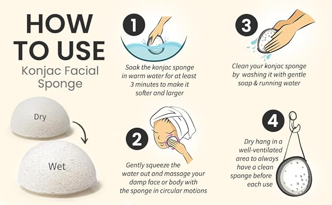 Natural Konjac Facial Sponge for Gentle Daily Face Washing and Exfoliating, Original Recipe, No Additives, Cruelty Free, for All Skin Types, White, 1 Sponge