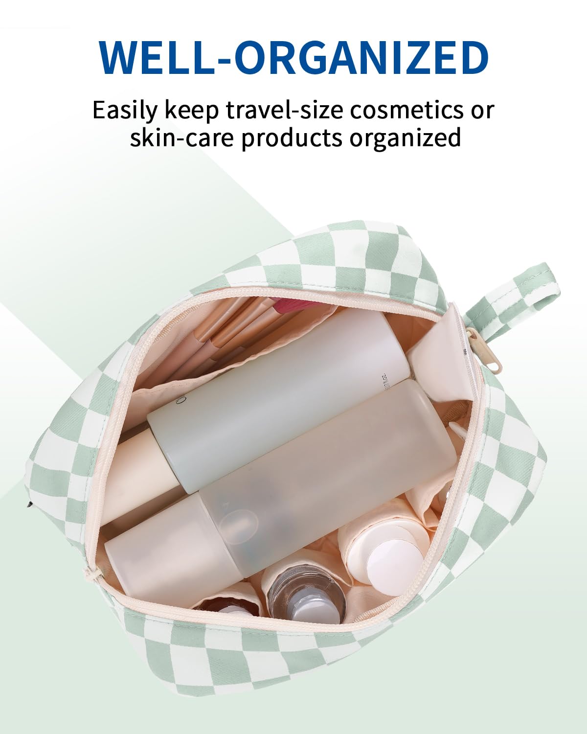 Narwey Checkered Makeup Bag, Travel Cosmetic Bag Organizer, Toiletry Bag Make Up Bags with Comparments for Women and Girls, Gift for Teen Girls (Mint Green Checkerboard, Large)