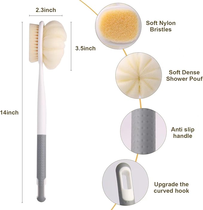 XDMURYM Long Handled Shower Brush for Cleaning Body,Double-Sided Bath Brush for Massage with Bristles and Loofah,Body Brush Exfoliator Mesh Sponge for Women and Men(Gray)