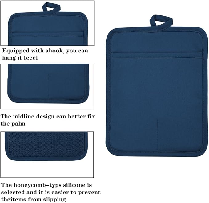 VEIKERY Oven Pot Holder with Pocket Cotton Heat Resistant Coaster Potholder Kitchen Hot Pad Oven Mitts for Cooking and Baking Square 7"x9" (Blue, Silicone)