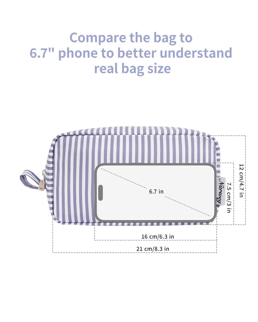 Narwey Cute Makeup Bag Small Toiletry Bag Travel Cosmetic Bag Organizer Make Up Bags with Organized Pockets for Women (Greyish Blue Stripe, Large)