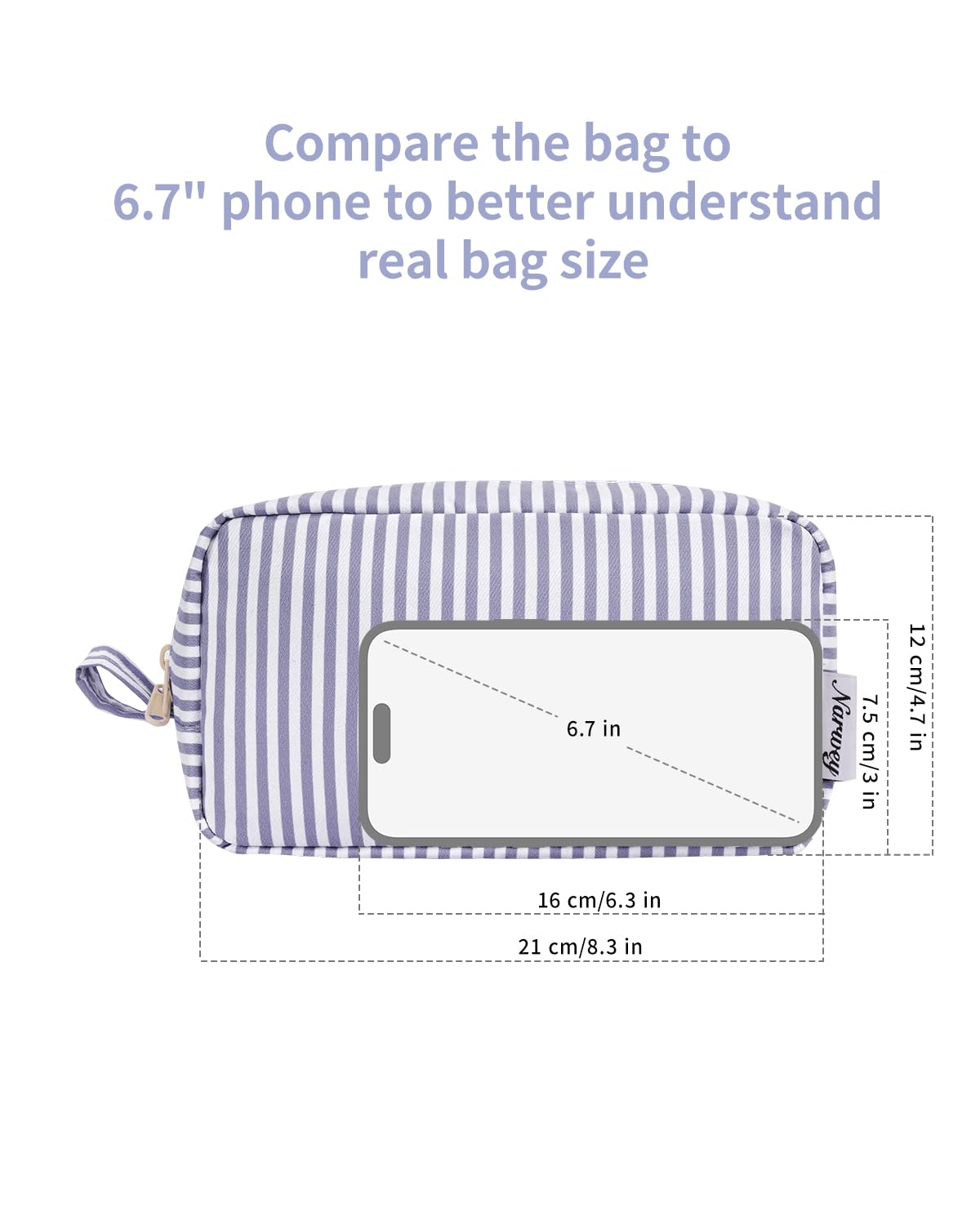 Narwey Cute Makeup Bag Small Toiletry Bag Travel Cosmetic Bag Organizer Make Up Bags with Organized Pockets for Women (Greyish Blue Stripe, Large)