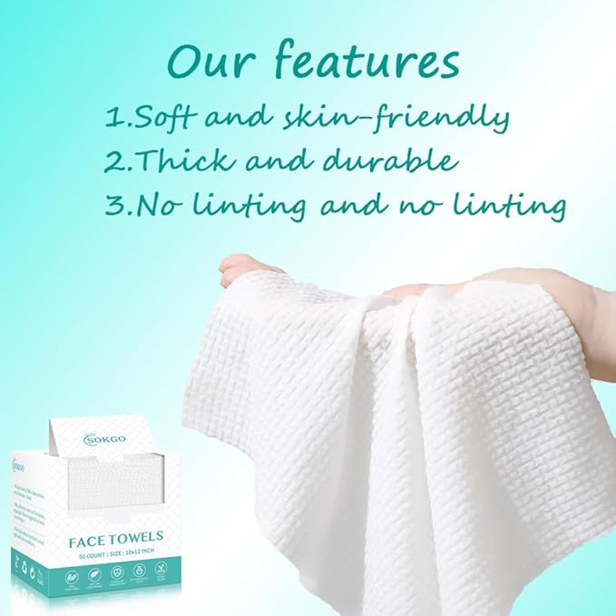 Disposable Face Towels, Facial Cleansing Cloths, Extra Soft Makeup Removing Cleansing 10"×12" Face Towelettes, Skin Care and Makeup Removal, 102% Pure Plant Fiber