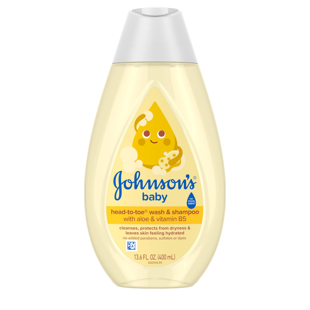 Johnson's Baby Head-To-Toe Baby Wash & Shampoo + Aloe & Vitamin B5, 2-in-1 Bath Wash Gently Cleanses Newborn's Delicate Skin & Hair, Hypoallergenic, No Added Parabens, Dyes & Sulfates, 13.6 fl. Oz