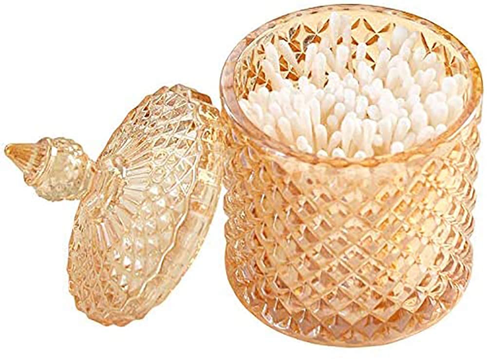 CLOVERHOME Colorful Home Decorative Jar Qtips Holder Dispenser Glass Storage Container Bathroom Counter Vanity Organizer for Bath Salts/Swabs/Rounds Makeup Sponges Toothpick Jewelry(Amber,10 oz)