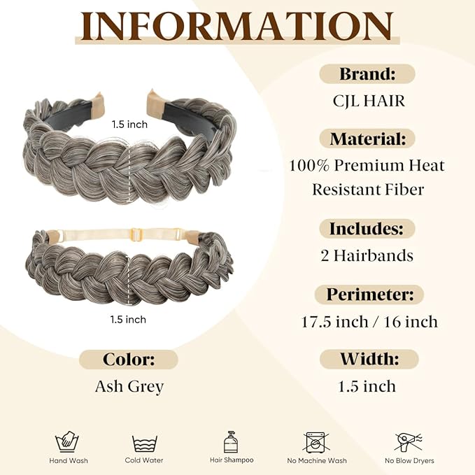 CJL HAIR 2PCs Braided Headbands Hair Piece for Women Synthetic Hair Hoops Head Bands Handmade Braid Hairband Accessories Elastic Stretch Headwrap Ash Grey