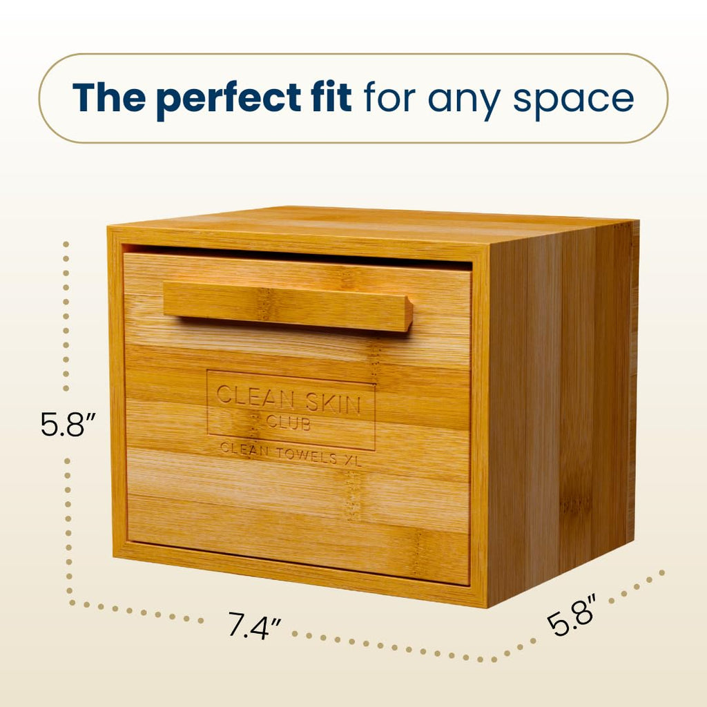 Clean Skin Club Luxe Bamboo container with pullout drawer includes Clean Towels® Original XL 50 Count, Disposable Face Towel Holder for Bathroom Counter