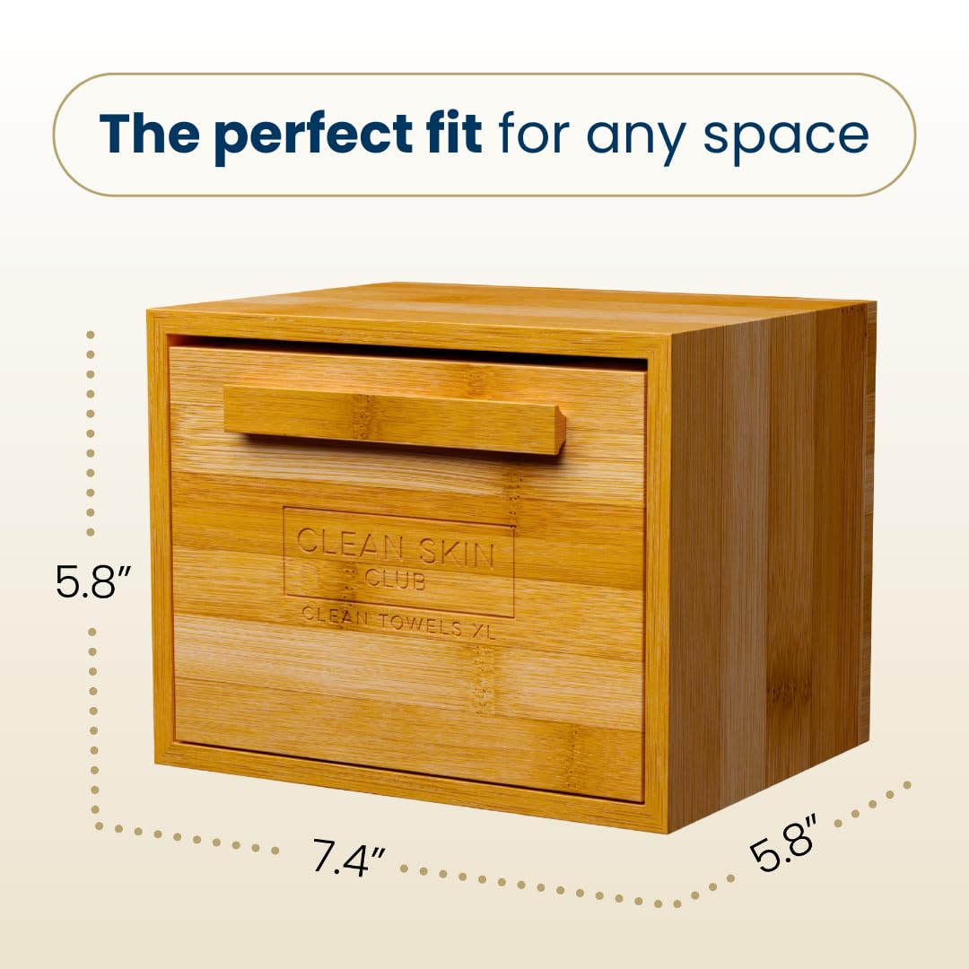 Clean Skin Club Luxe Bamboo container with pullout drawer includes Clean Towels® Original XL 50 Count, Disposable Face Towel Holder for Bathroom Counter