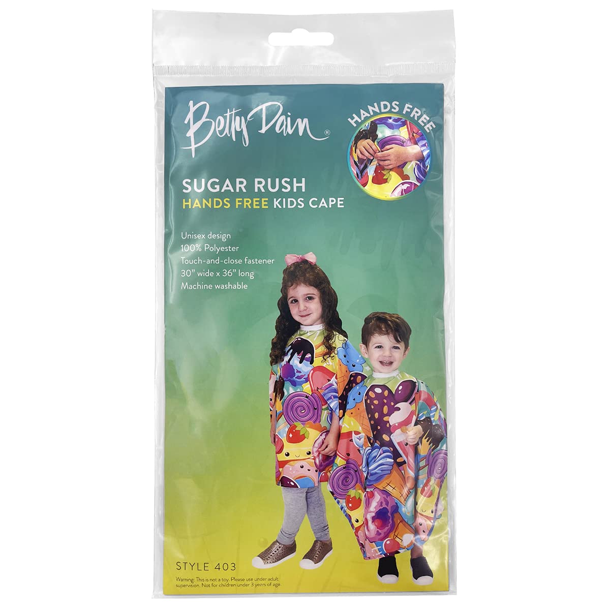 Betty Dain Kids Haircut Styling Cape, Sugar Rush Print, Hands Free, Youthful Design, Perfect Size for Children, Water & Stain Resistant Lightweight Nylon, Snap Closure, 30 inches Wide x 36 inches Long