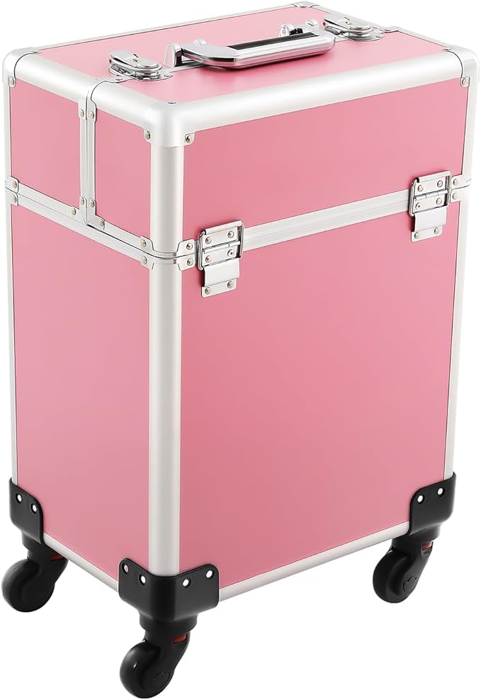 KHROOLT Rolling Makeup Train Case, Large Aluminum Alloy Cosmetic Trolley Case with Wheels & Retractable Handle, Lockable Storage for Makeup Artists, Lash Techs, Travel, Pink