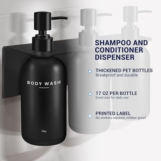 KLL Shampoo and Conditioner Dispenser Set - Shower Soap Dispenser Wall Mounted - Drill Free 16.9 fl oz Set of 3 Plastic Pump Bottles and Soap Holder - Shampoo Dispenser, Shower Dispenser - Black