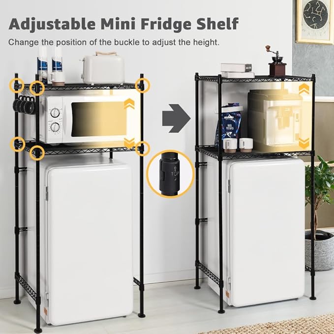 LUCKUP Mini Fridge Shelf 2-Tier Height Adjustable Mini Fridge Stand with Storage for Dorm Space Saving, Metal Microwave Organizer Shelf for Kitchen Room Apartment, Black