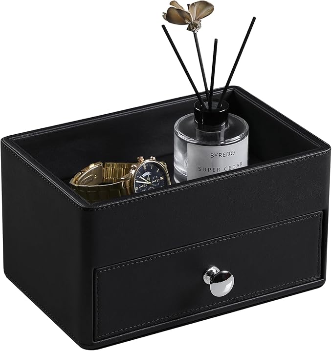 MEIBOOCH PU Leather Desk Organizer with Drawer, Multifunctional Nightstand Organizer, Waterproof Makeup Organizer for Vanity Bathroom Countertop Bedside Table (Black)