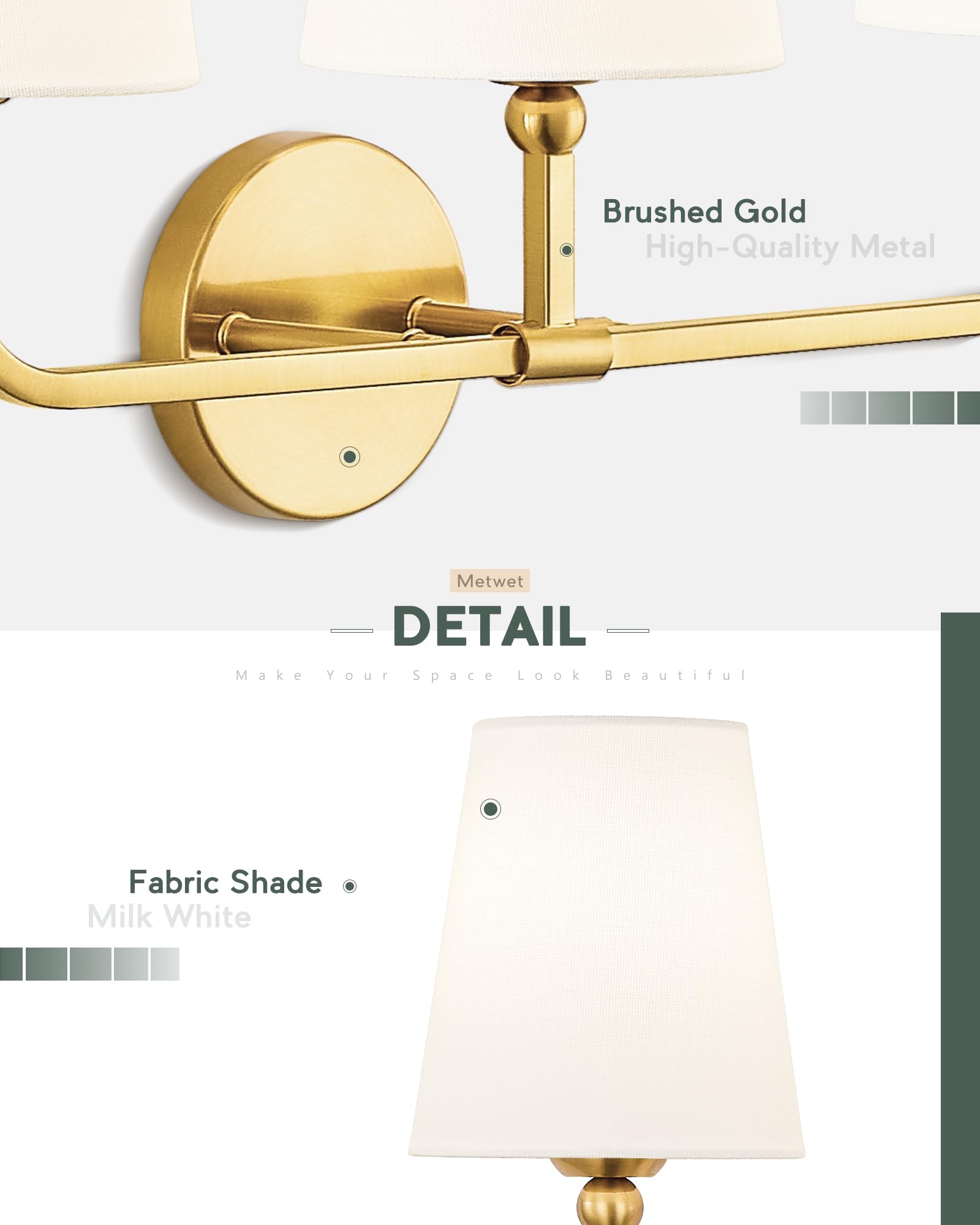 METWET 2 Light Bathroom Vanity Light, Brushed Gold Double Wall Sconce with Flared White Fabric Shade, Modern Sconces Wall Lighting for Hallway Bedroom Stairway, VL837-BG