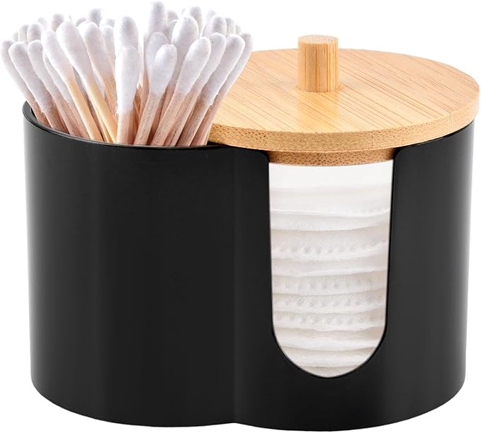 Axrivonte Qtip Holder Dispenser,Dual-Compartment Cotton Swab & Cotton Pad Organizer with Removable Dustproo-f Lid,Compact Countertop Storage Container(Black)