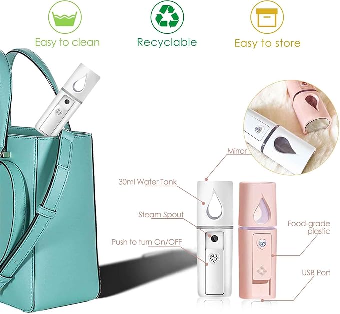 GIVERARE Nano Facial Steamer, Handy Mini Mister with Mirror, USB Rechargeable Mist Sprayer, Visual Water Tank Moisturizing&Hydrating for Face, Makeup, Skin Care, Eyelash Extensions-Pink