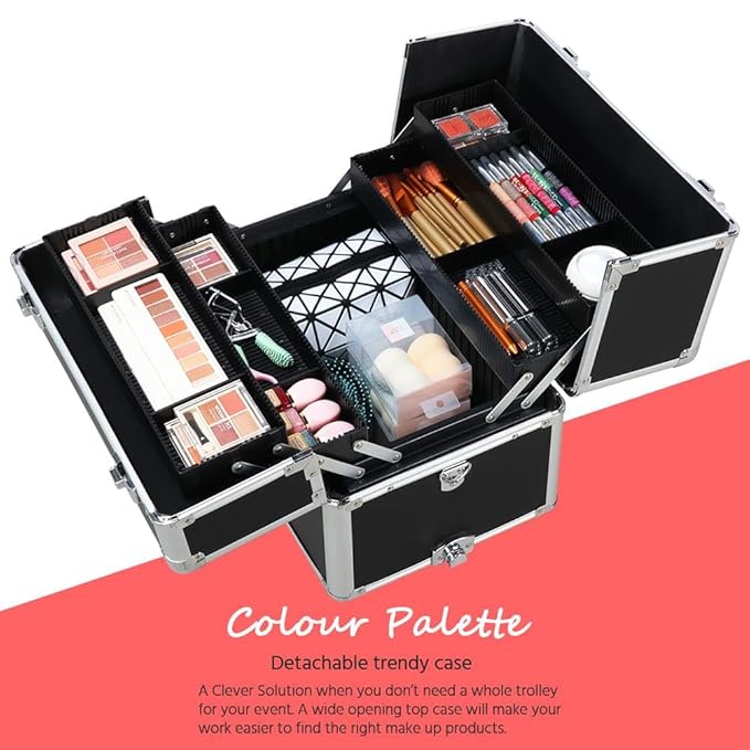 Yaheetech Rolling Makeup Train Case, Cosmetology Nail Organizer, Black