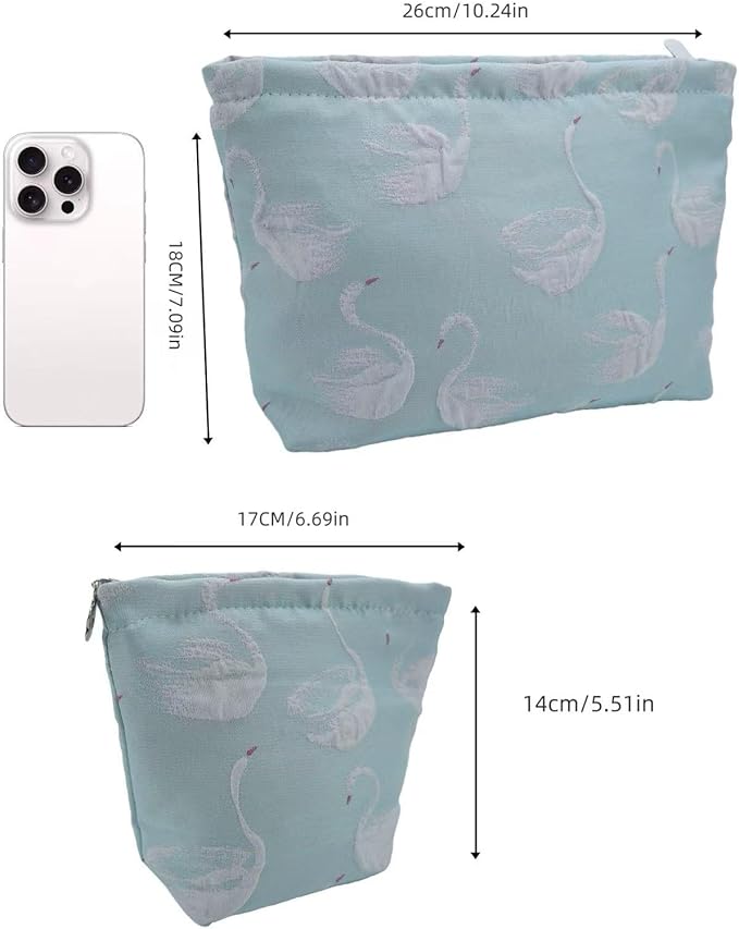 RIKMOXR 2-Pack Swan Print Makeup Bag Set - Large Capacity Light Blue Cosmetic Organizer | Travel Toiletry Pouch for Women Girls (Cute Animal Print, Zipper Closure)