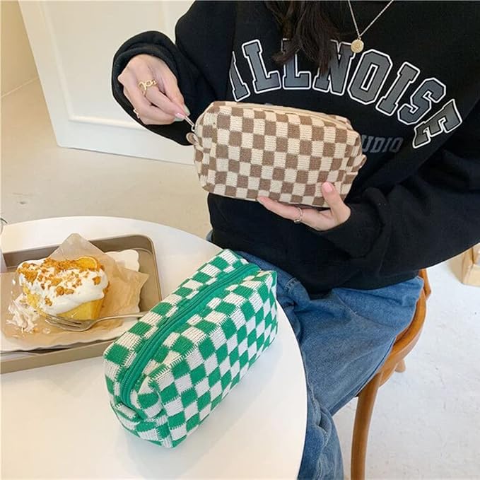 SxoSyo 2 Pcs Cosmetic Bags, Checkered Brown