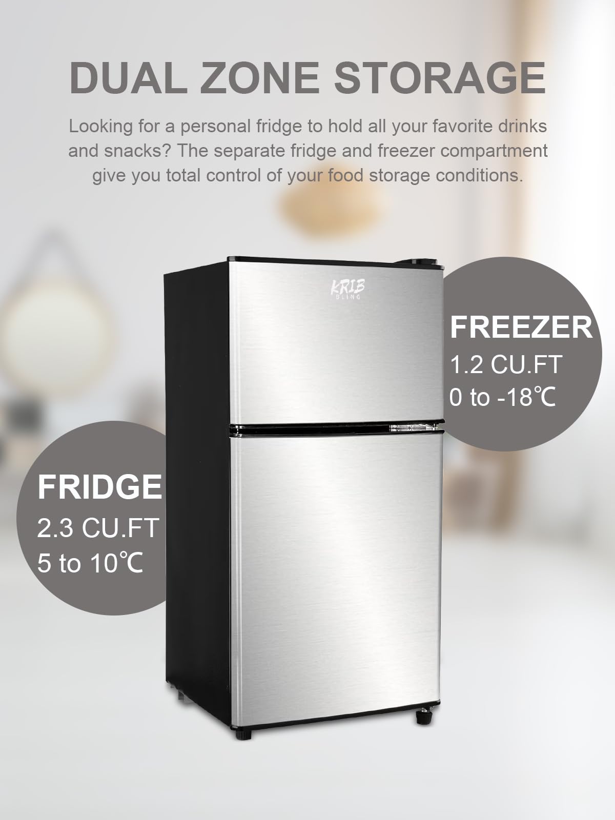 KRIB BLING Mini Fridge With Freezer,3.5 Cu. Ft Compact Refrigerator With 2 Doors,7- Level Adjustable Thermostat, Removable Glass Shelves For Bedroom, Office, Kitchen, Apartment, Dorm, Silver