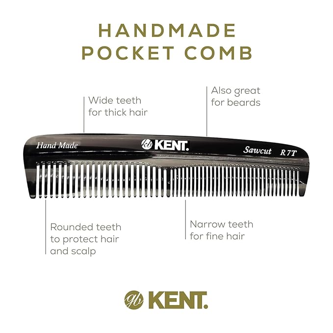 Kent R7T Graphite Fine Tooth and Wide Tooth Hair Comb - Handmade Pocket Comb for Men, Best Beard and Mustache Comb for Everyday Grooming, Sawcut made in England