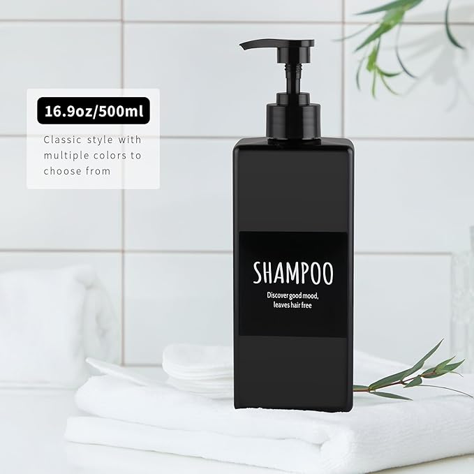 Deroanbot 3 Black Plastic Bottles and Pump - Shower Soap and Shampoo Dispenser - 16.9 oz Reusable Bathroom Bottle