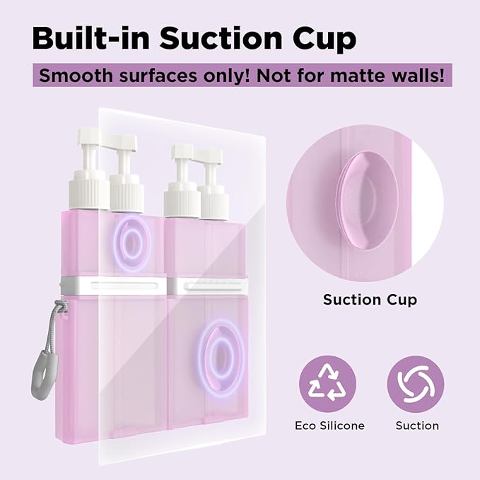 AnOis7ter 4 in 1 Travel Dispenser Bottle, TSA Approved Refillable Shampoo and Conditioner Bottles Set with Suction Cup for Smooth Walls, Travel Size Toiletries Container for Body Wash/Lotion.(Pink)