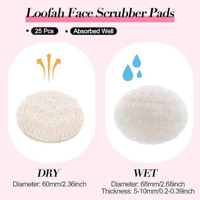 Bokon 25 Pcs Loofah Exfoliating Face Pads 2.36 Inches Round Natural Loofah Sponge Body Face Scrubber Remove Dead Skin Facial Pad Bulk for Bath Shower Spa Skin Cleaning Women Men (White)