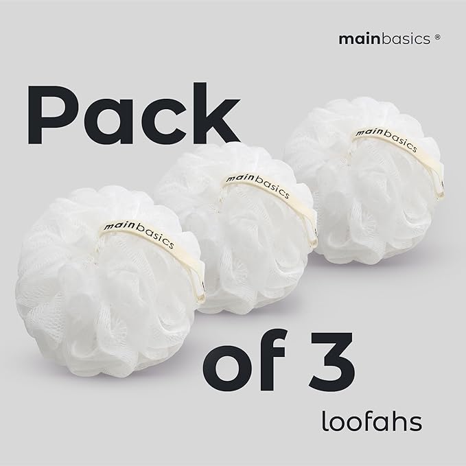 MainBasics Shower Loofah Sponge Pouf, Set of 3, Snow White