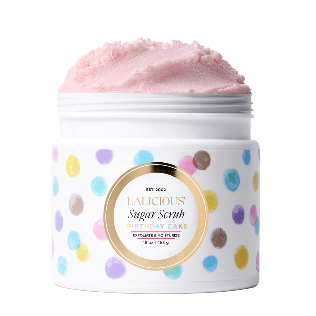 LALICIOUS Birthday Cake w Pink Shimmer - Exfoliating & Moisturizing Whipped Body Scrub | Sugar & Coconut Oil | Gently Buffs & Smooths Sensitive Skin | No Parabens | Large 16oz