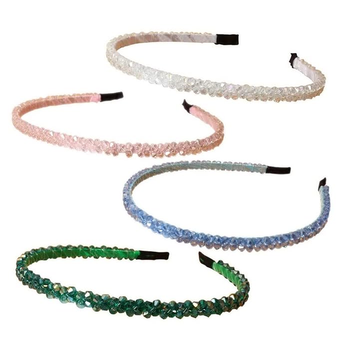 Cuizhiyu 4 PK Crystal Rhinestone Headbands for Women Girls Double Rows Sparkly Beaded Hair Hoops Pink Weave Narrow Hair Bands Hair Accessories (Color B)