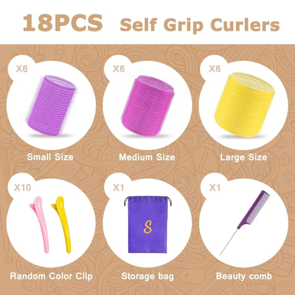 Sungenol Self Grip Hair Rollers Set, 18 Rollers in 3 Sizes with Clips