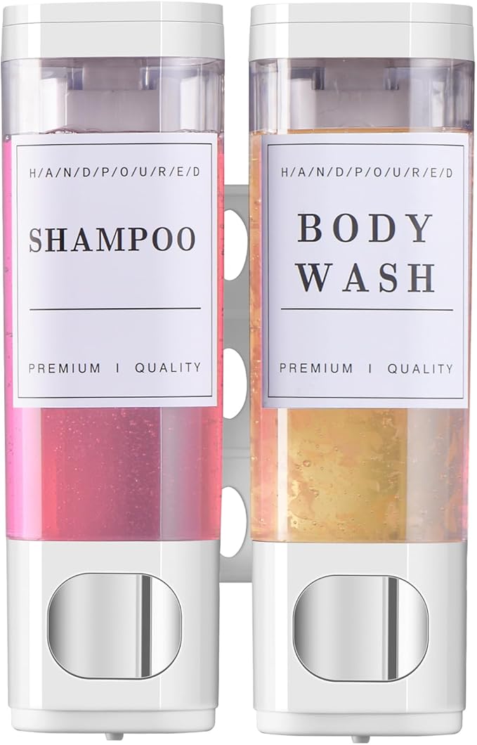 Shampoo and Conditioner Dispenser Bathroom Shower Soap Dispenser Wall Mounted Shampoo Dispenser for Shower Wall No Drill 2 * 300ml White 2 Chamber with Waterproof Labels Self