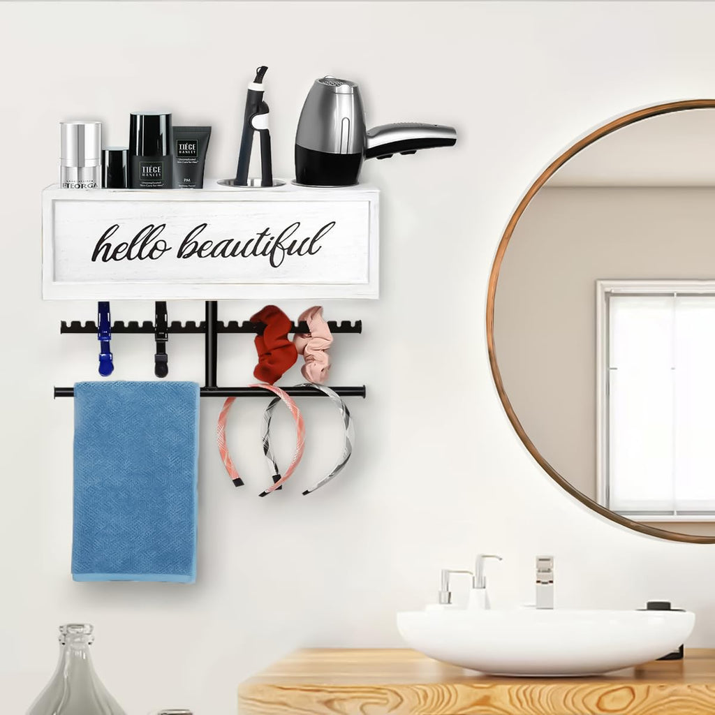 Ronjnndc Rustic Hair Dryer Holder Wall Mounted,Hair Styling Tools & Accessories Organizer,Bathroom Supplies & hot Tools vanities Organizer Caddy,for Storage Flat Iron,Blow Dryer,Curling Iron (White)