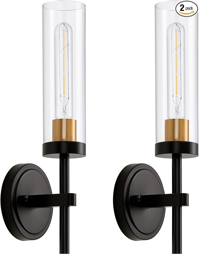Hardwired Wall Sconces Set of Two, Bathroom Vanity Sconces Wall Lighting with Clear Glass Shade, Black and Gold Modern Farmhouse Wall Mount Lights for Mirror Bedroom Living Room Hallway Entryway