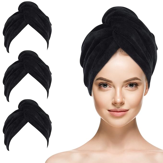 SINLAND Microfiber Hair Drying Cap Hair Towel Turban Twist for Women Fast Drying Towels Head Turban Absorbent Soft Lightweight 3 Pack Black