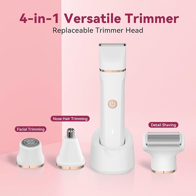 4-in-1 Electric Bikini Trimmer for Women - Painless Electric Razors for Facial/Body/Armpit/Pubic Hair, IPX7 Waterproof Replaceable Shaver Head & Nose Hair Trimmer for Travel, Gifts for Girlfriend Wife
