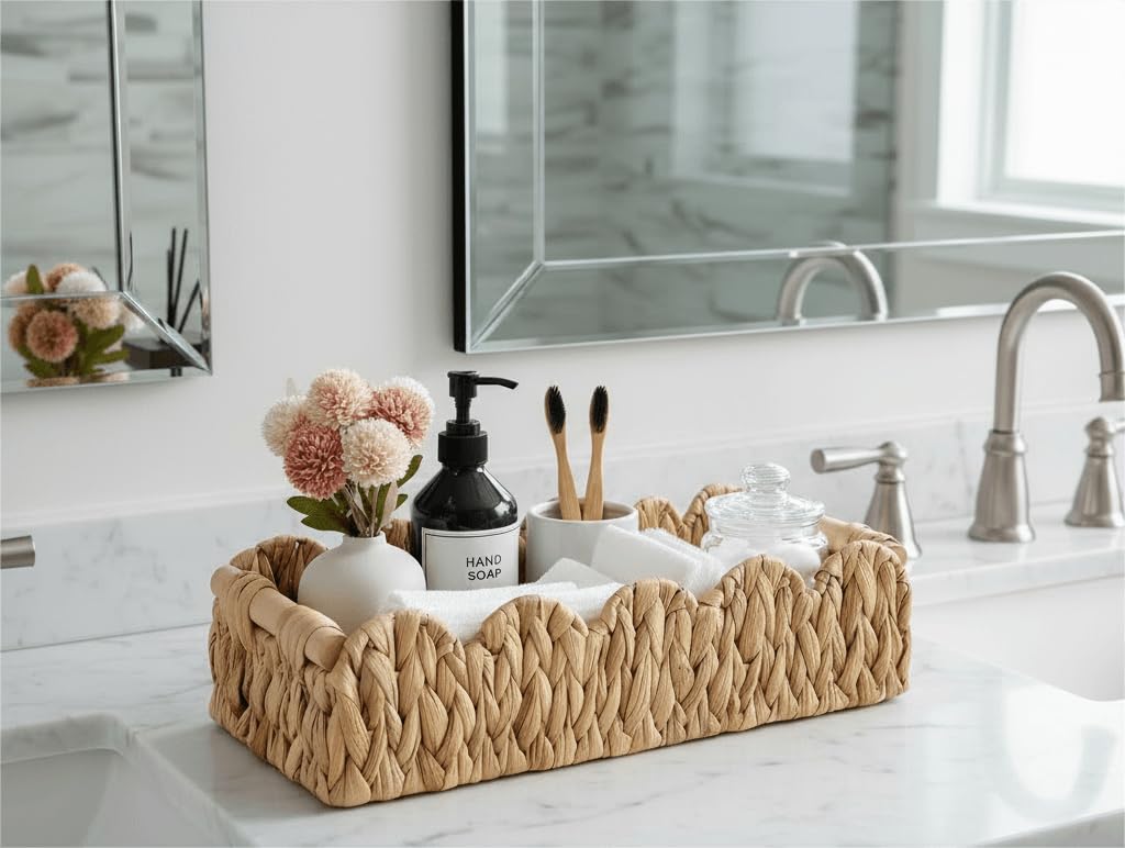 Kriitools Wicker Bathroom Basket 2PK Organizer w/Scalloped for Toilet Paper